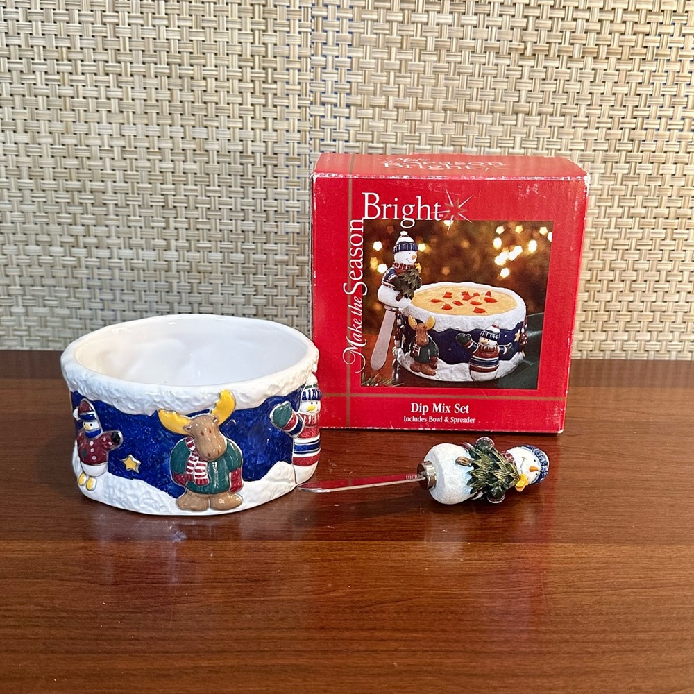 🎄NIB Christmas Dip Mix Set with Ceramic Bowl & Stainless Steel Spreader